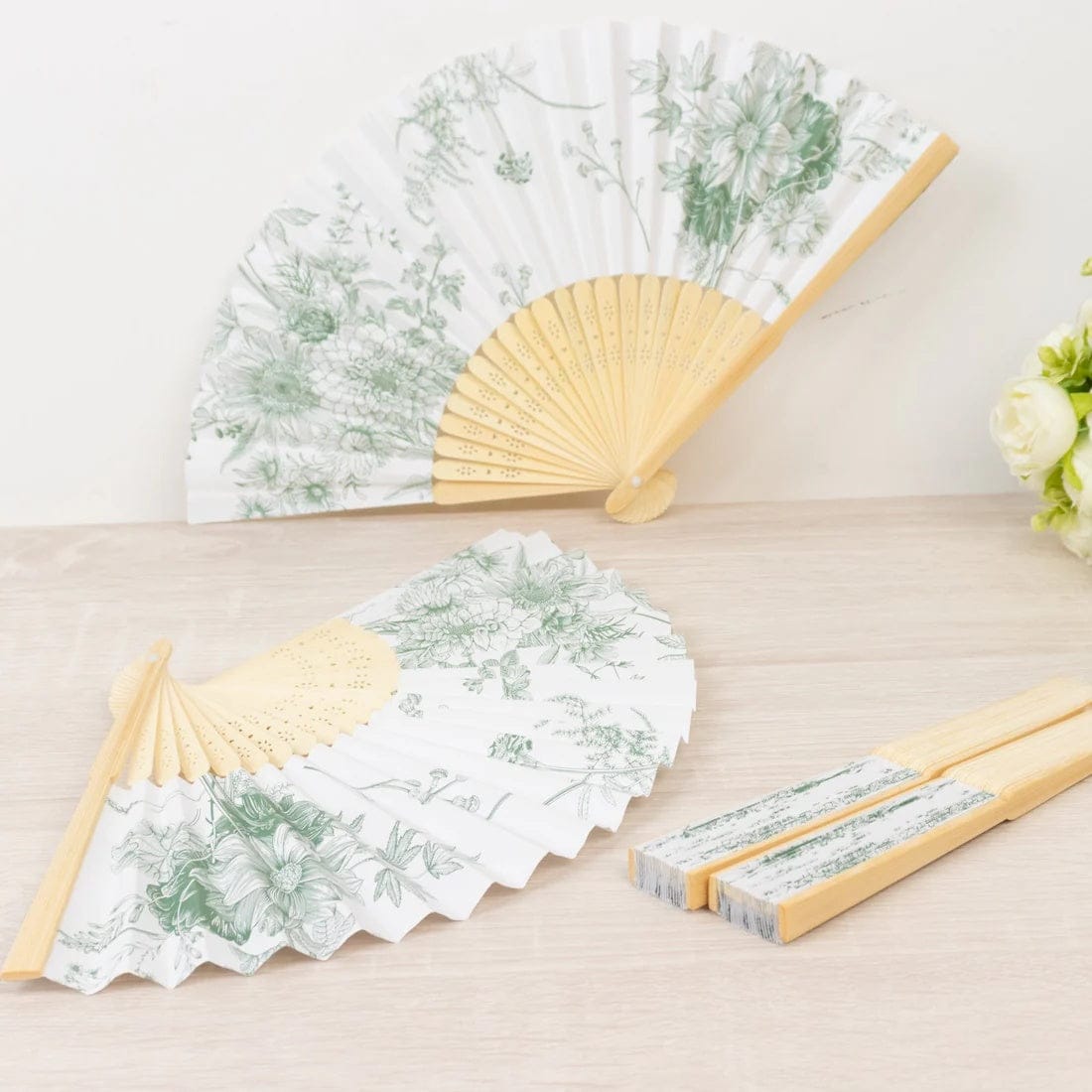 5 White Paper Folding Fans with French Toile Pattern