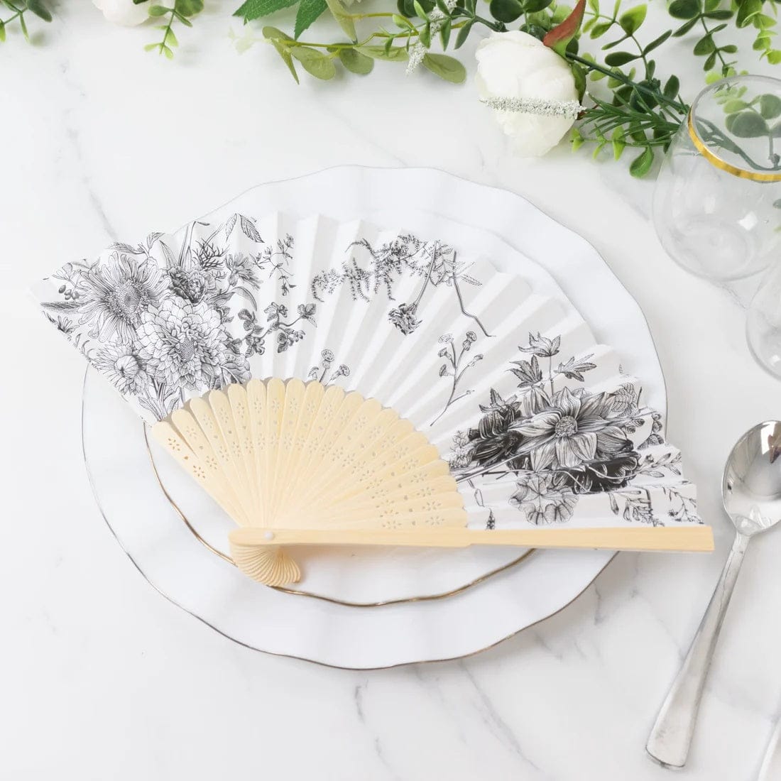 5 White Paper Folding Fans with French Toile Pattern