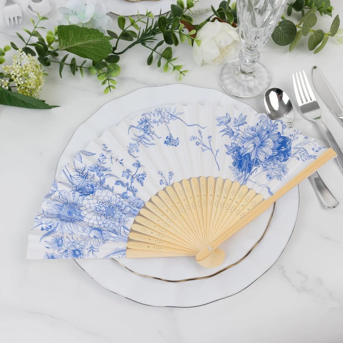 5 White Paper Folding Fans with French Toile Pattern