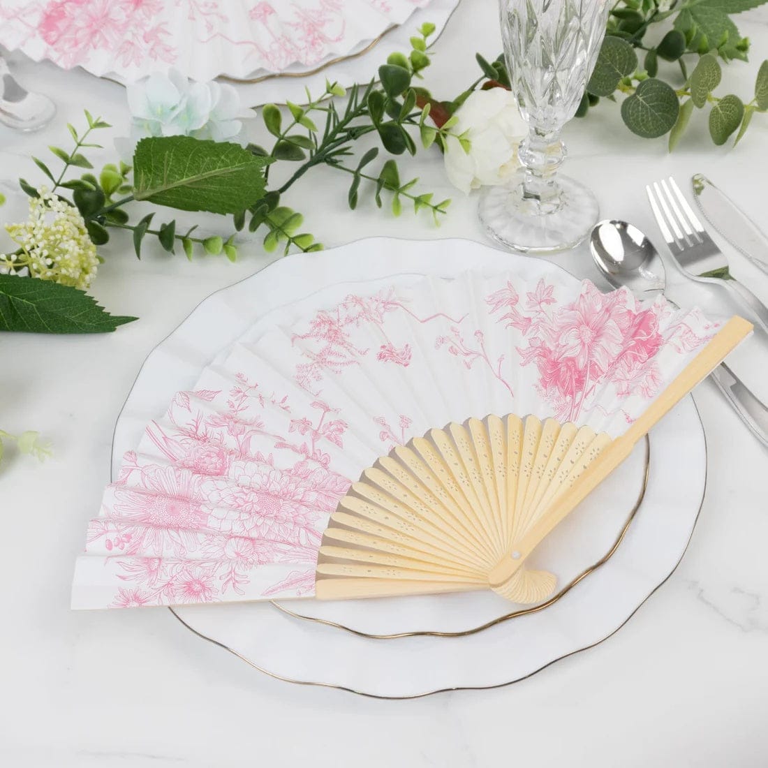 5 White Paper Folding Fans with French Toile Pattern