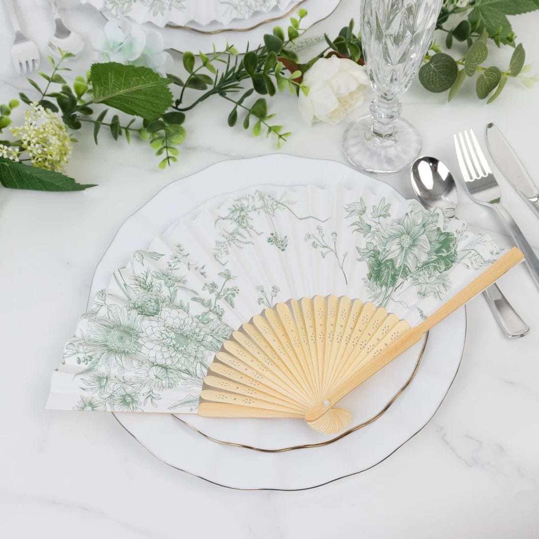 5 White Paper Folding Fans with French Toile Pattern