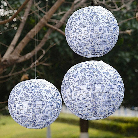 8 White and Blue Chinoiserie Floral Print Hanging Paper Lanterns