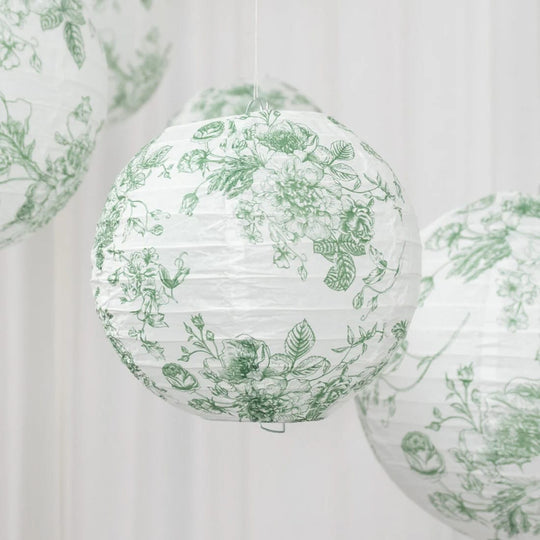 8 White with French Toile Floral Print Hanging Paper Lanterns