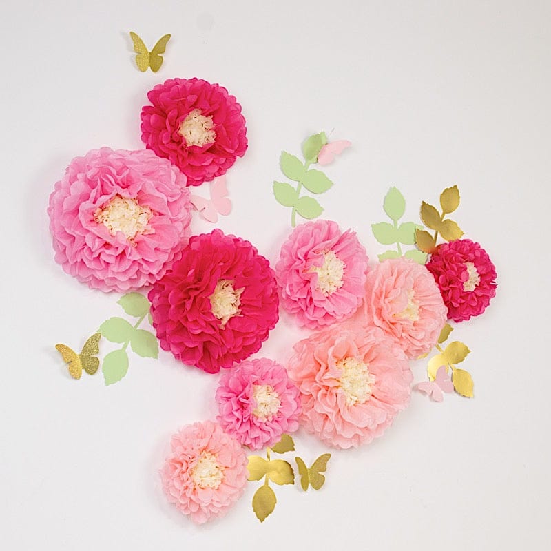 21 Tissue Paper Chrysanthemum Flowers with Butterflies and Leaves Pom Poms Set