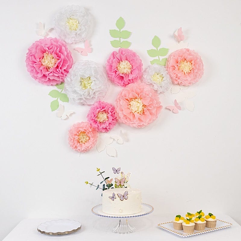 21 Tissue Paper Chrysanthemum Flowers with Butterflies and Leaves Pom Poms Set