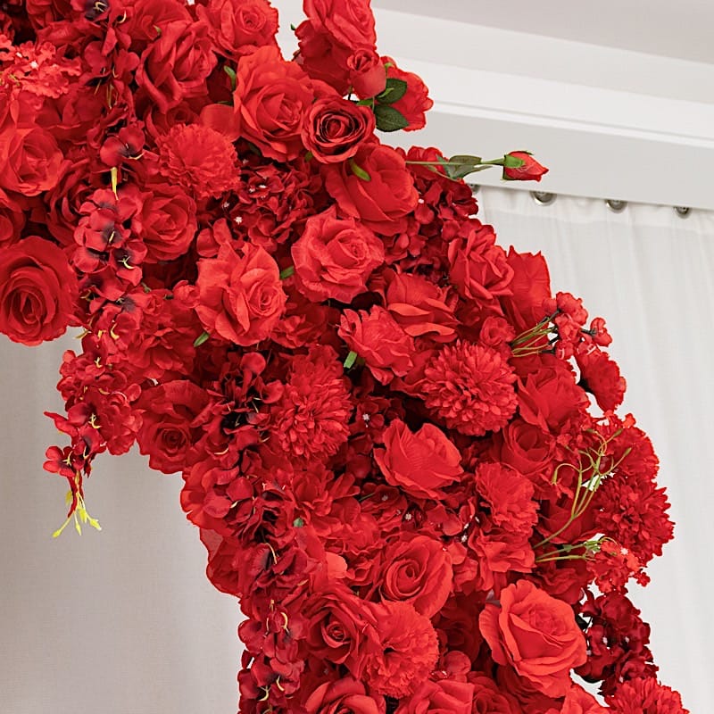 4 feet x 8 feet Round Top Double Flower Arch Backdrop with Silk Roses, Hydrangeas and Chrysanthemums