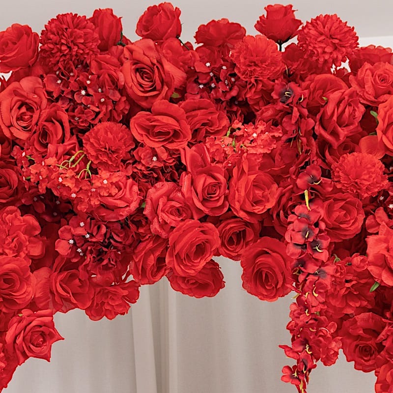4 feet x 8 feet Round Top Double Flower Arch Backdrop with Silk Roses, Hydrangeas and Chrysanthemums