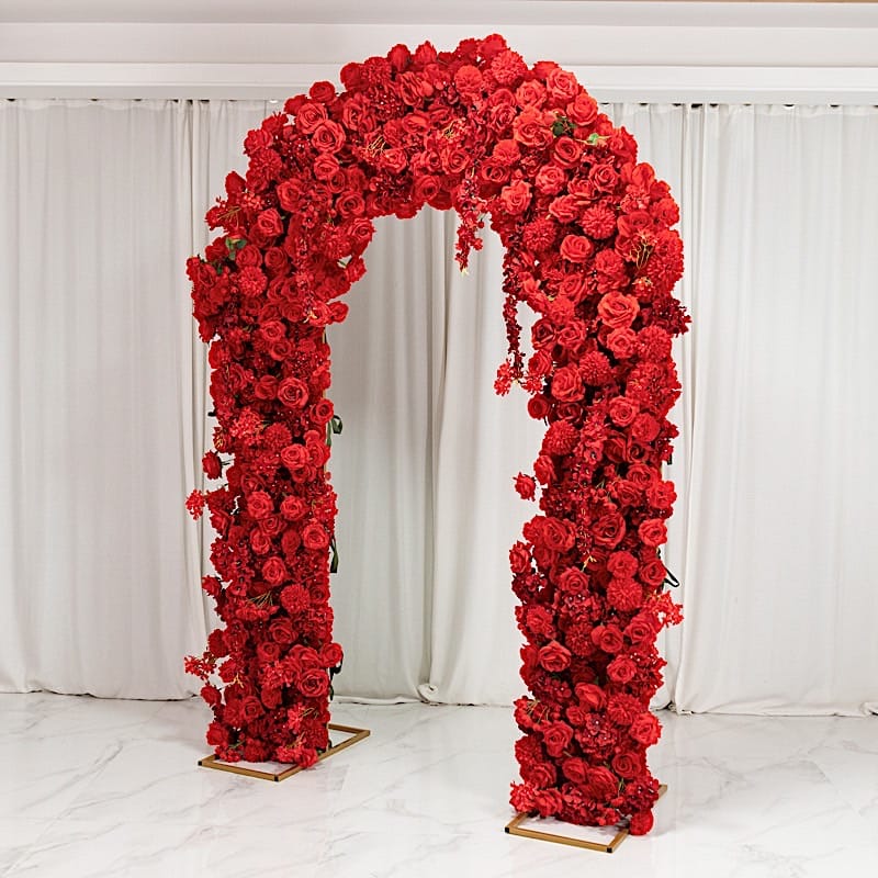 4 feet x 8 feet Round Top Double Flower Arch Backdrop with Silk Roses, Hydrangeas and Chrysanthemums
