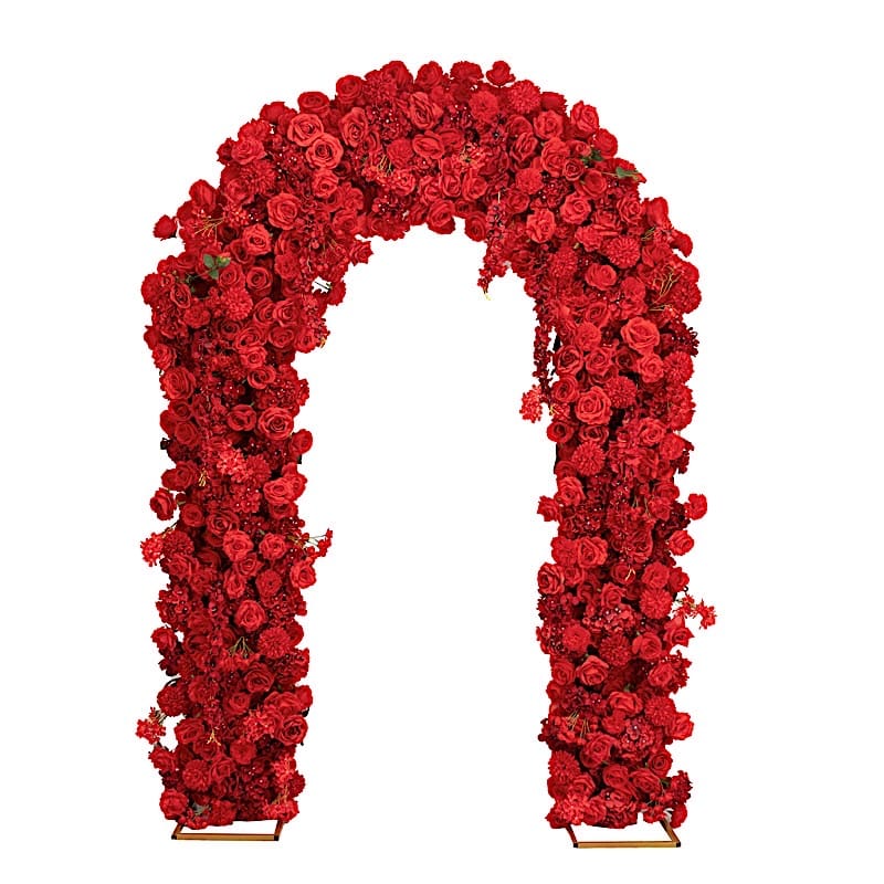 4 feet x 8 feet Round Top Double Flower Arch Backdrop with Silk Roses, Hydrangeas and Chrysanthemums