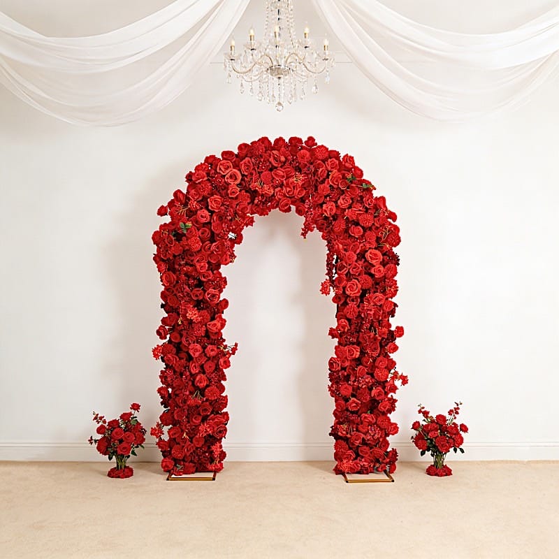 4 feet x 8 feet Round Top Double Flower Arch Backdrop with Silk Roses, Hydrangeas and Chrysanthemums