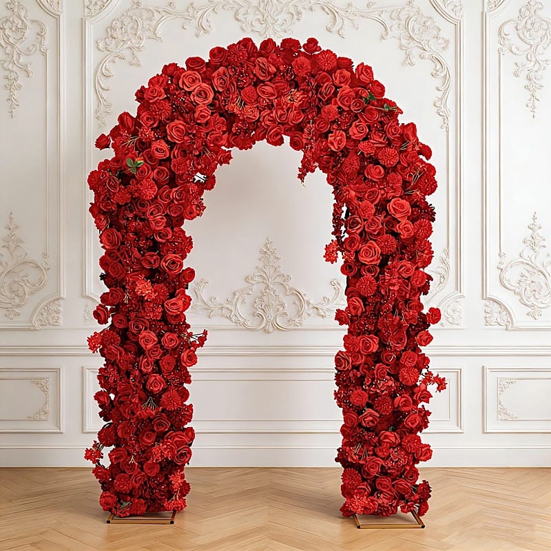 4 feet x 8 feet Round Top Double Flower Arch Backdrop with Silk Roses, Hydrangeas and Chrysanthemums