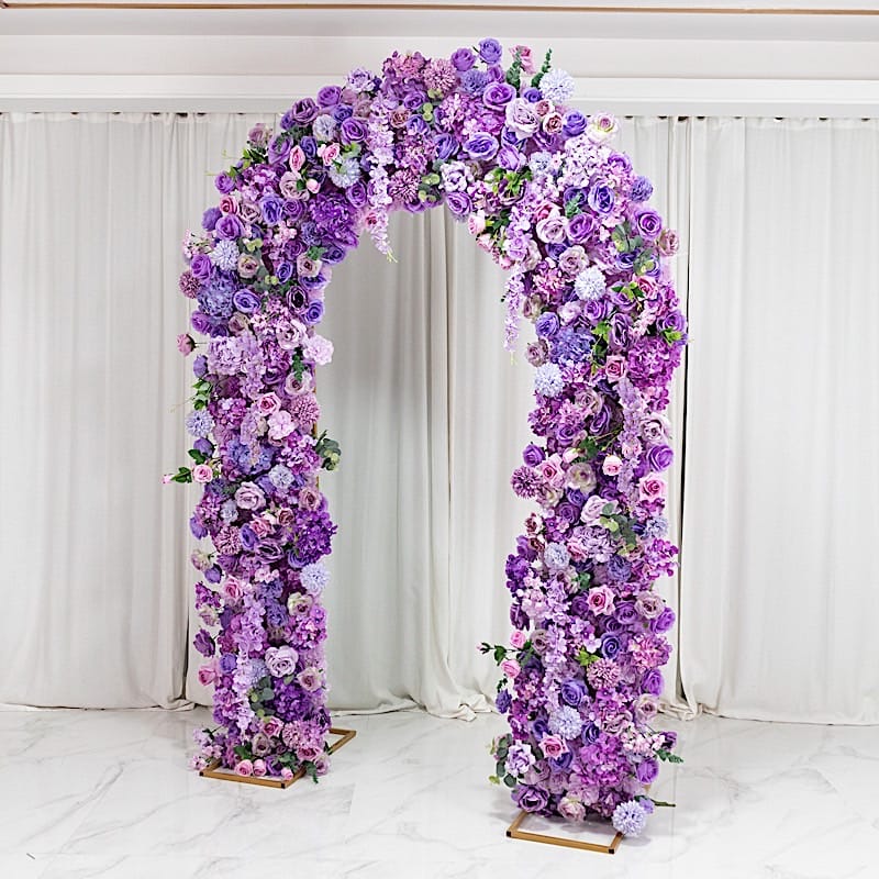 4 feet x 8 feet Round Top Double Flower Arch Backdrop with Silk Roses, Hydrangeas and Chrysanthemums
