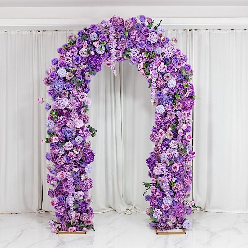 4 feet x 8 feet Round Top Double Flower Arch Backdrop with Silk Roses, Hydrangeas and Chrysanthemums