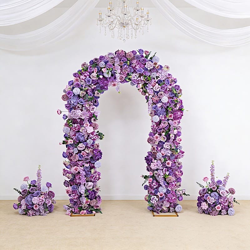 4 feet x 8 feet Round Top Double Flower Arch Backdrop with Silk Roses, Hydrangeas and Chrysanthemums