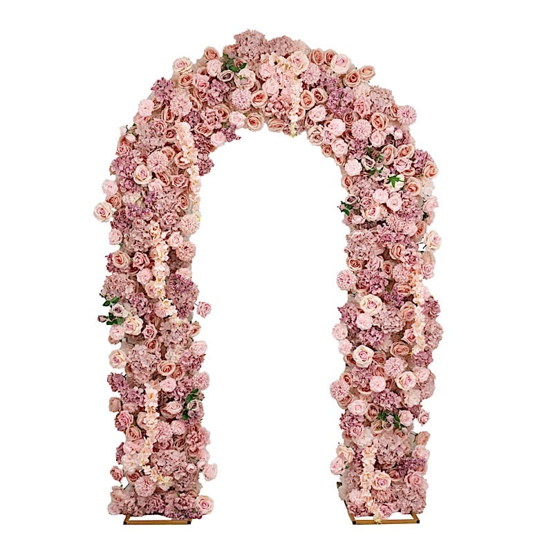 4 feet x 8 feet Round Top Double Flower Arch Backdrop with Silk Roses, Hydrangeas and Chrysanthemums
