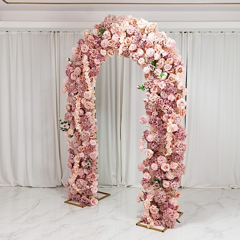 4 feet x 8 feet Round Top Double Flower Arch Backdrop with Silk Roses, Hydrangeas and Chrysanthemums