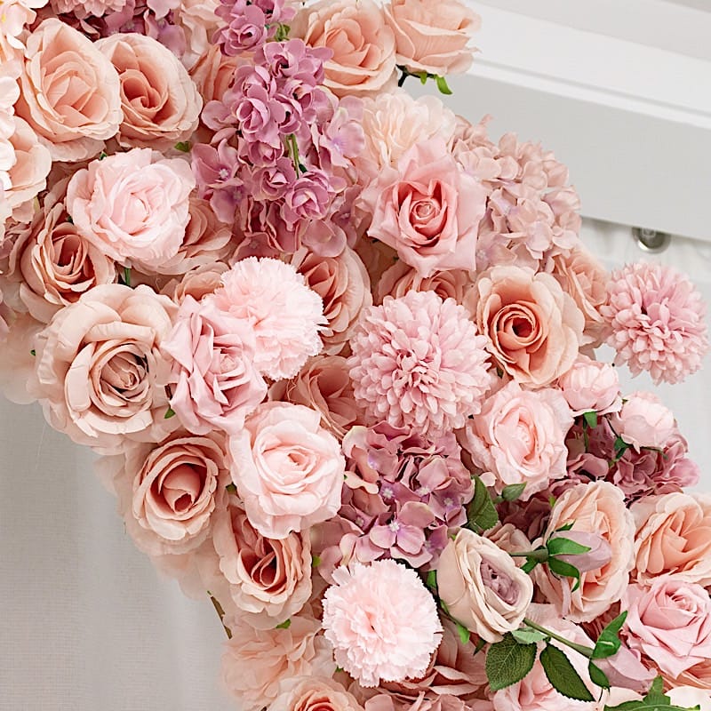 4 feet x 8 feet Round Top Double Flower Arch Backdrop with Silk Roses, Hydrangeas and Chrysanthemums