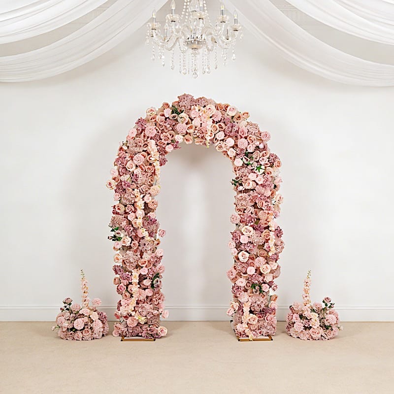 4 feet x 8 feet Round Top Double Flower Arch Backdrop with Silk Roses, Hydrangeas and Chrysanthemums