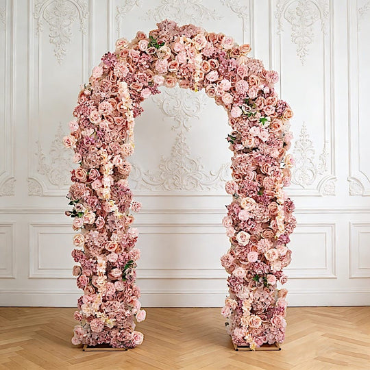 4 feet x 8 feet Round Top Double Flower Arch Backdrop with Silk Roses, Hydrangeas and Chrysanthemums