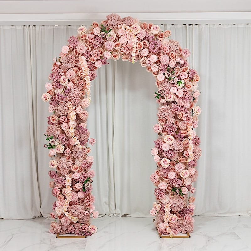 4 feet x 8 feet Round Top Double Flower Arch Backdrop with Silk Roses, Hydrangeas and Chrysanthemums