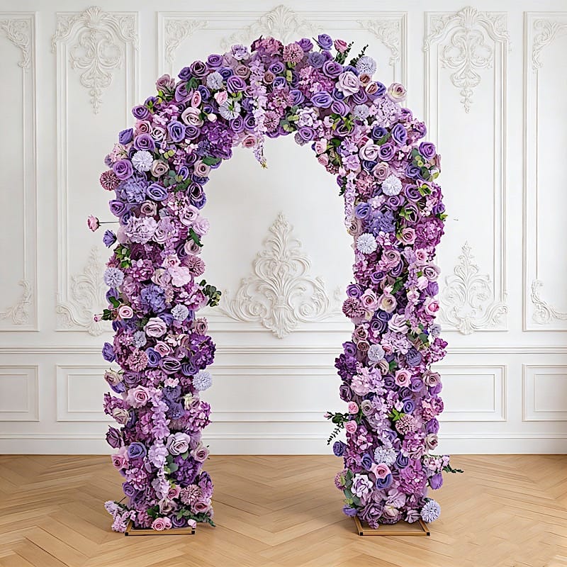 4 feet x 8 feet Round Top Double Flower Arch Backdrop with Silk Roses, Hydrangeas and Chrysanthemums