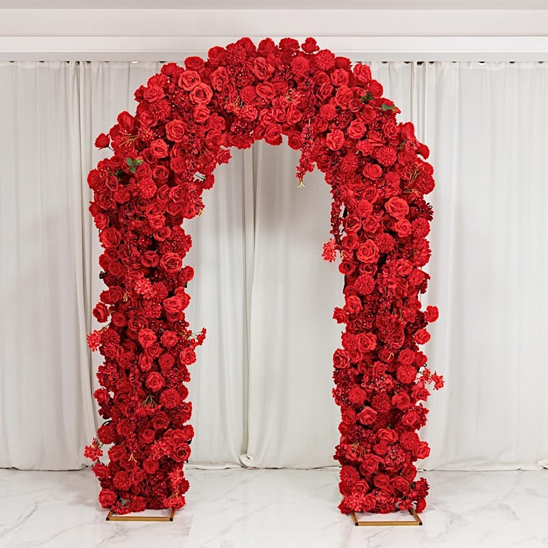 4 feet x 8 feet Round Top Double Flower Arch Backdrop with Silk Roses, Hydrangeas and Chrysanthemums