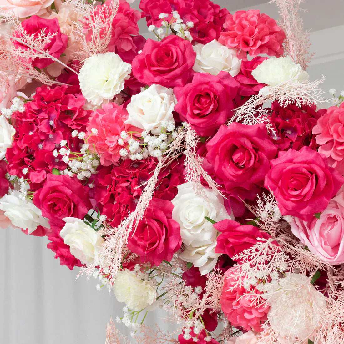 6.5 feet White and Pink with Roses, Hydrangeas and  Chrysanthemums Silk Floral Half Crescent Wedding Arch