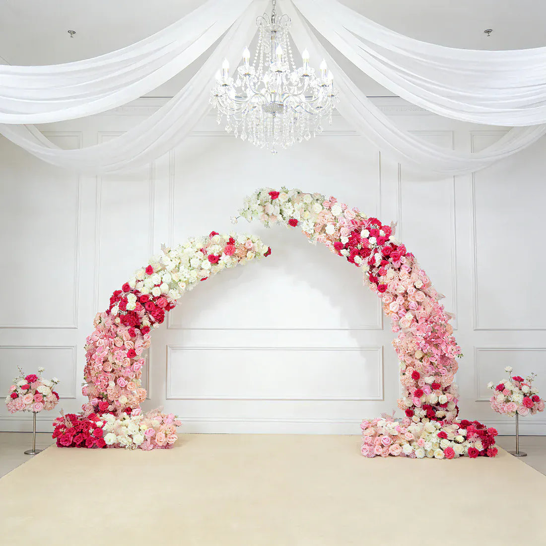 6.5 feet White and Pink with Roses, Hydrangeas and  Chrysanthemums Silk Floral Half Crescent Wedding Arch