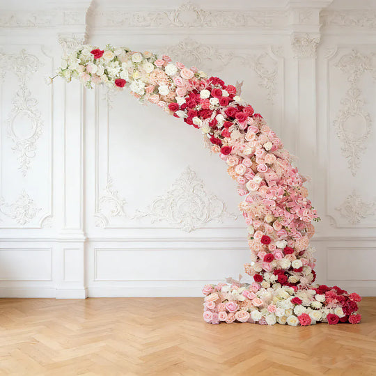 6.5 feet White and Pink with Roses, Hydrangeas and  Chrysanthemums Silk Floral Half Crescent Wedding Arch