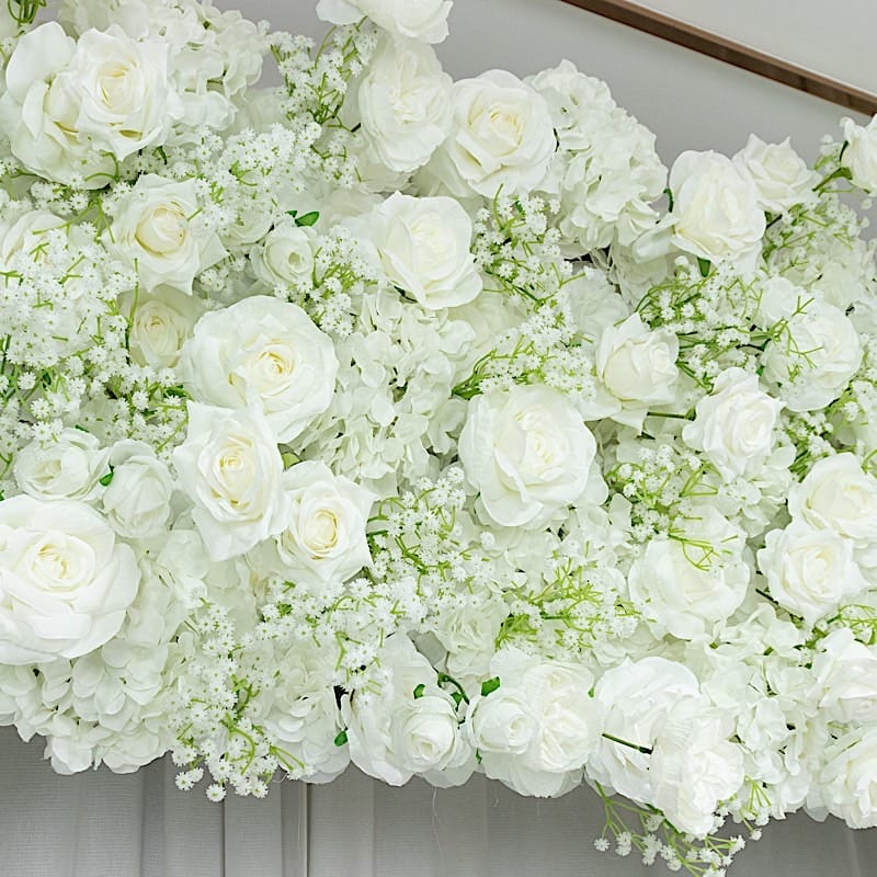 8x8 feet White Silk Roses & Baby's Breath Roll URoll Up Artificial Flower Backdrop for Arch Stand