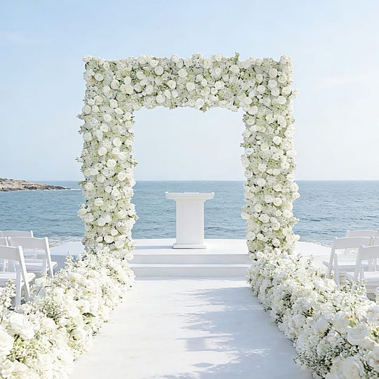 8x8 feet White Silk Roses & Baby's Breath Roll URoll Up Artificial Flower Backdrop for Arch Stand