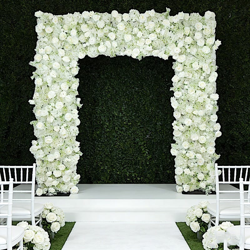 8x8 feet White Silk Roses & Baby's Breath Roll URoll Up Artificial Flower Backdrop for Arch Stand