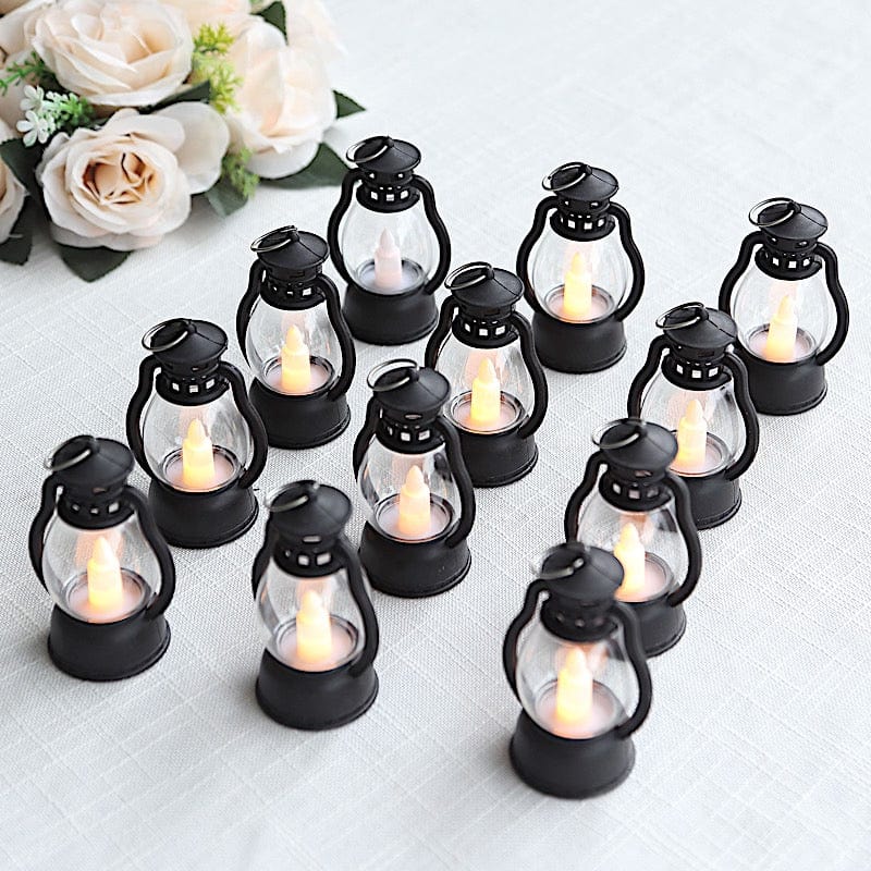 12 Black Battery Operated Vintage Mini LED Candle Lanterns