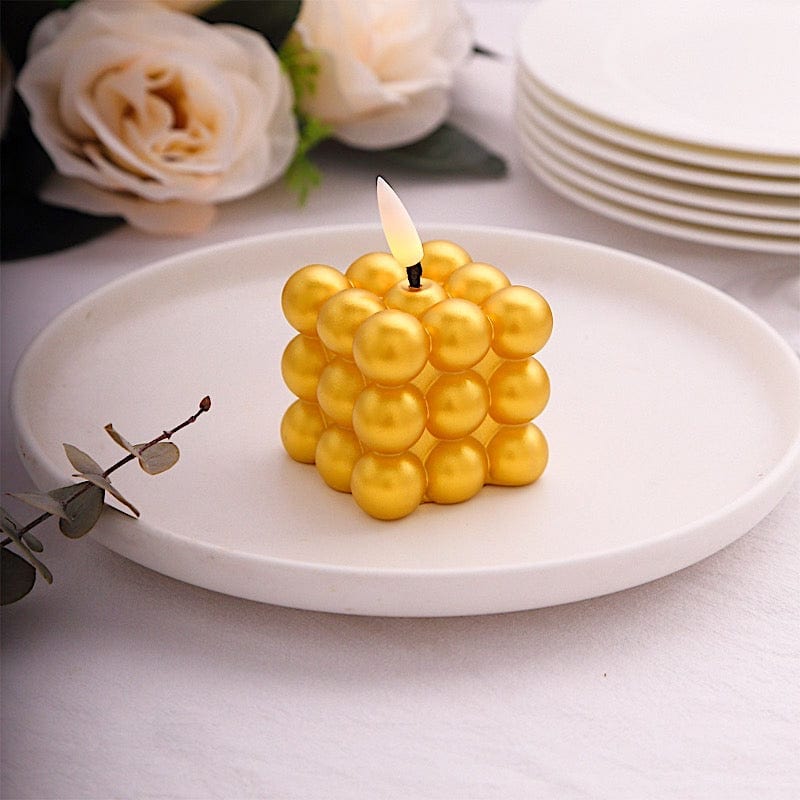 2 Metallic Gold 2 in Flameless LED Light Bubble Cube Candles Centerpieces