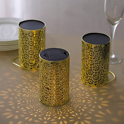 3 Metallic Gold 3x5 in Plastic LED Lantern Lamps with Flower Design