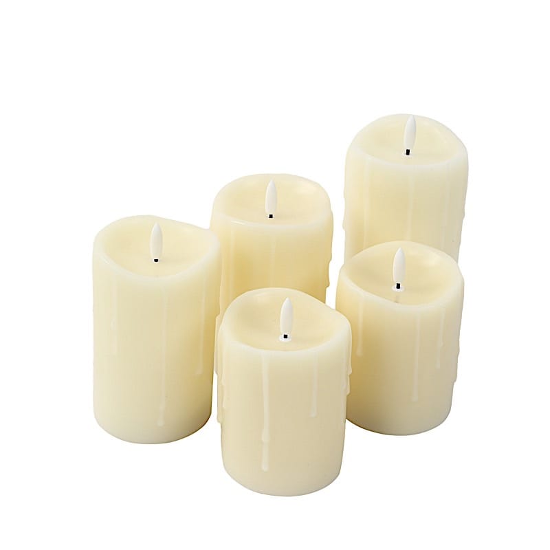 5 LED Ivory Warm White Pillar Candles Dripping Wax Design Battery Operated Lights