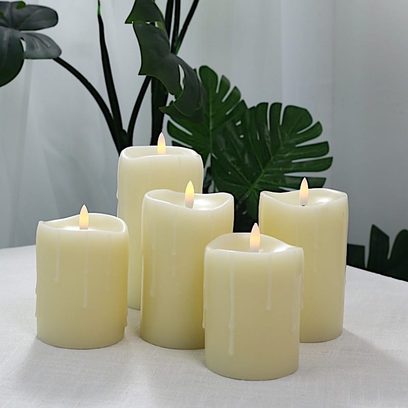5 LED Ivory Warm White Pillar Candles Dripping Wax Design Battery Operated Lights