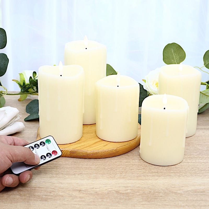 5 LED Ivory Warm White Pillar Candles Dripping Wax Design Battery Operated Lights