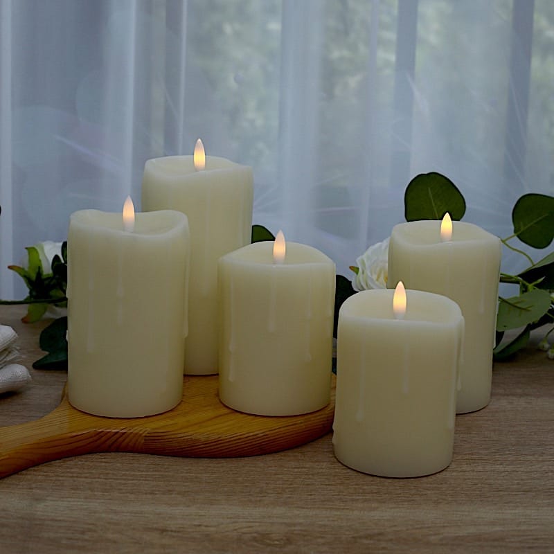 5 LED Ivory Warm White Pillar Candles Dripping Wax Design Battery Operated Lights