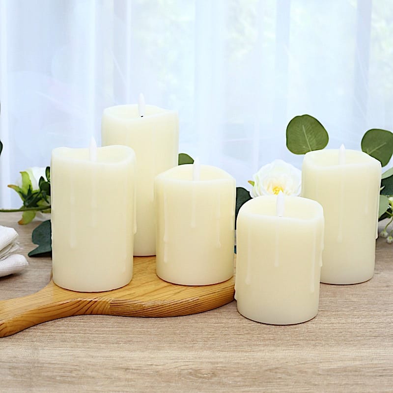 5 LED Ivory Warm White Pillar Candles Dripping Wax Design Battery Operated Lights
