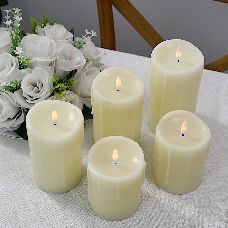5 LED Ivory Warm White Pillar Candles Dripping Wax Design Battery Operated Lights