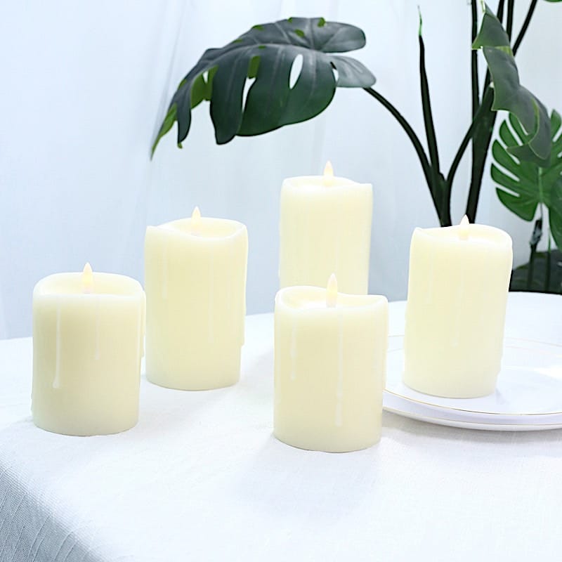 5 LED Ivory Warm White Pillar Candles Dripping Wax Design Battery Operated Lights