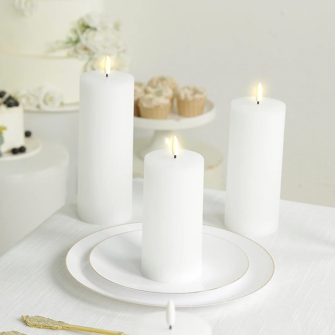 5 LED Warm White Flameless Pillar Candles Battery Operated Flickering with Ribbed Design