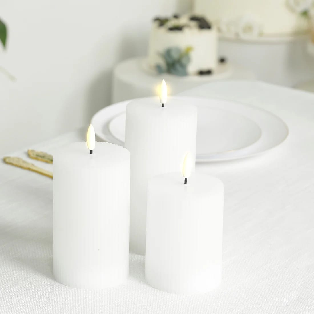 5 LED Warm White Flameless Pillar Candles Battery Operated Flickering with Ribbed Design