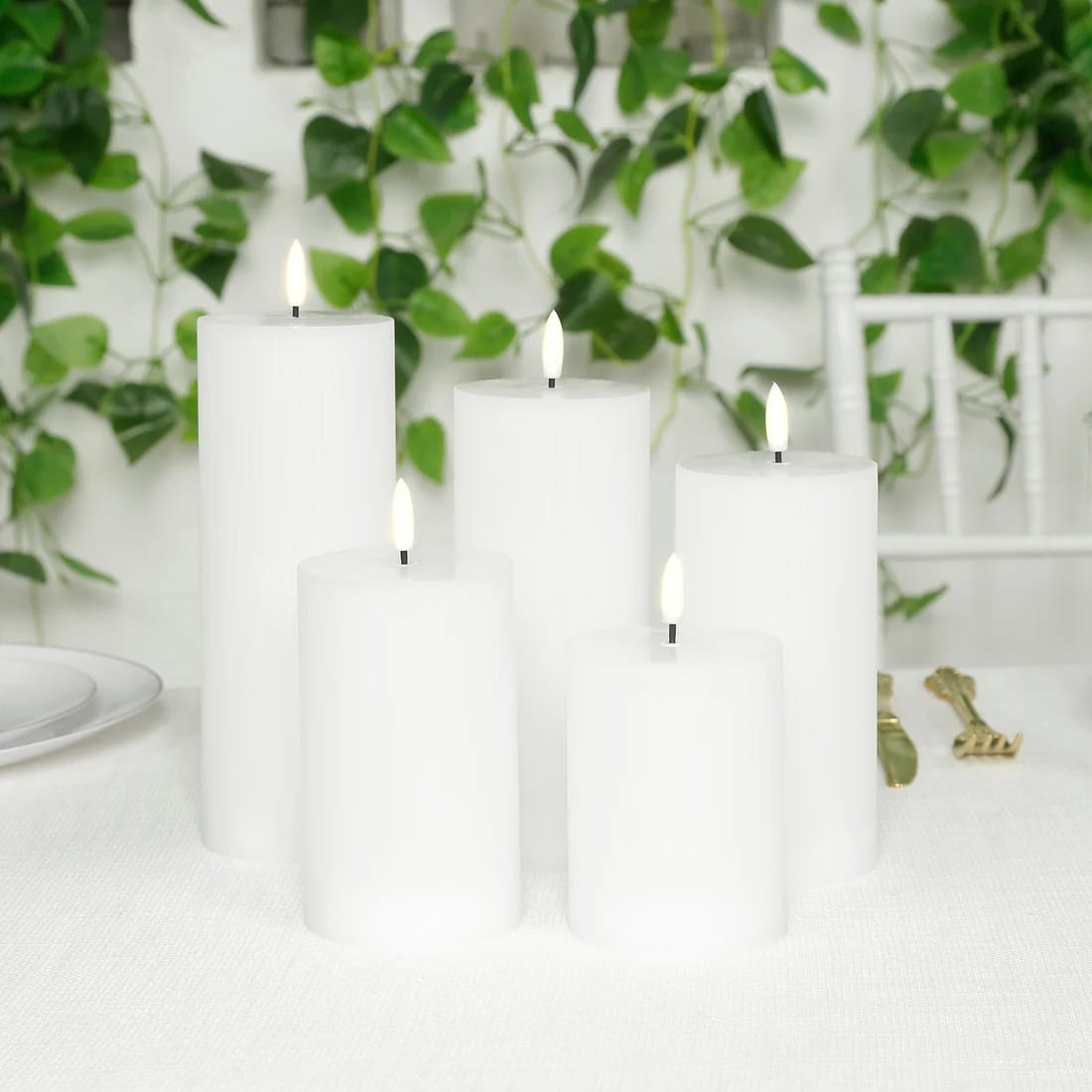 5 LED Warm White Flameless Pillar Candles Battery Operated Flickering with Ribbed Design