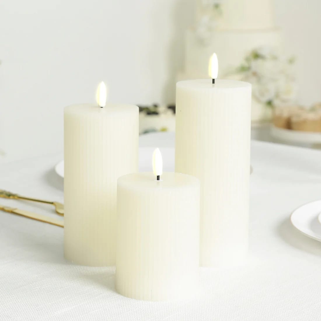 5 LED Warm White Flameless Pillar Candles Battery Operated Flickering with Ribbed Design