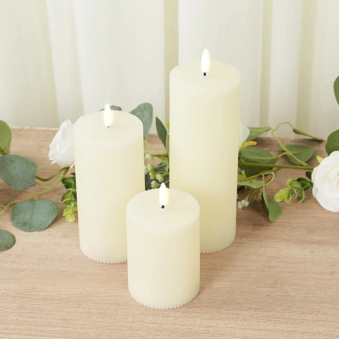 5 LED Warm White Flameless Pillar Candles Battery Operated Flickering with Ribbed Design