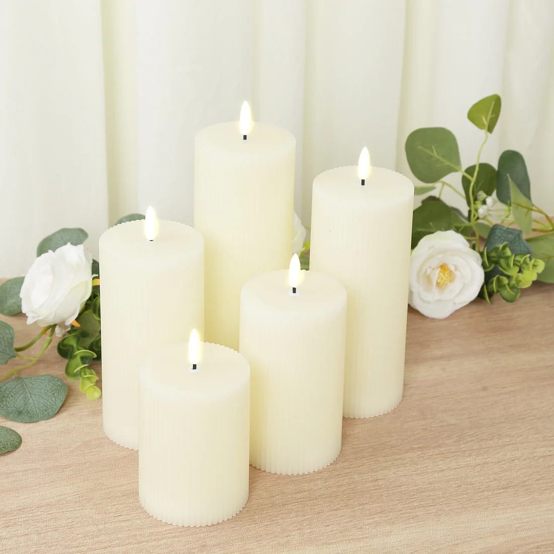 5 LED Warm White Flameless Pillar Candles Battery Operated Flickering with Ribbed Design
