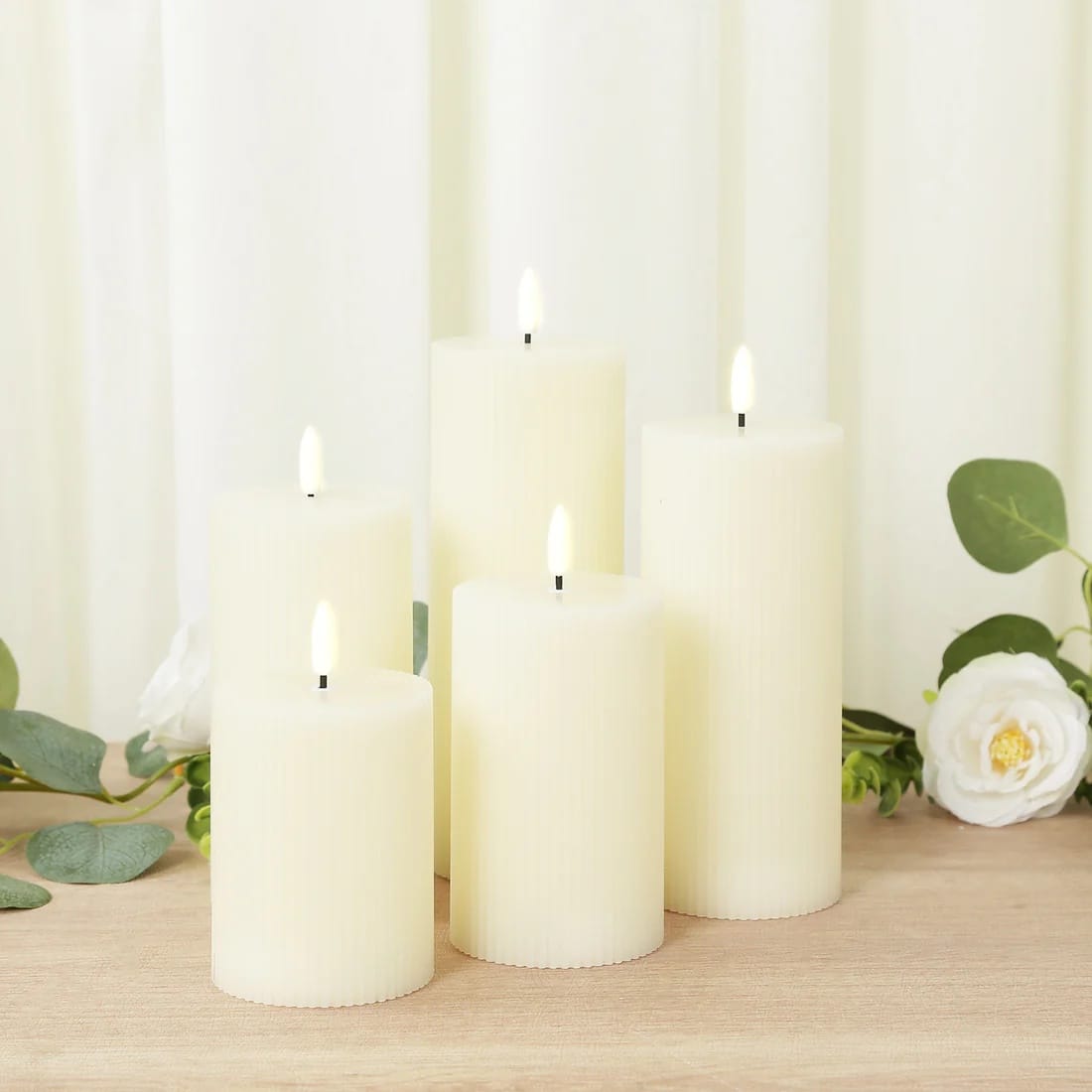 5 LED Warm White Flameless Pillar Candles Battery Operated Flickering with Ribbed Design