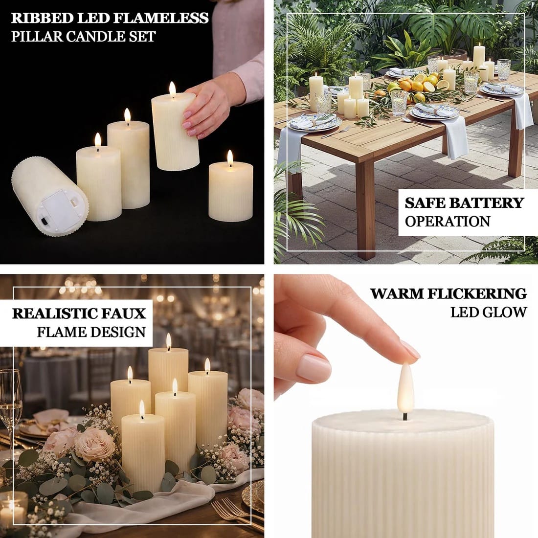 5 LED Warm White Flameless Pillar Candles Battery Operated Flickering with Ribbed Design